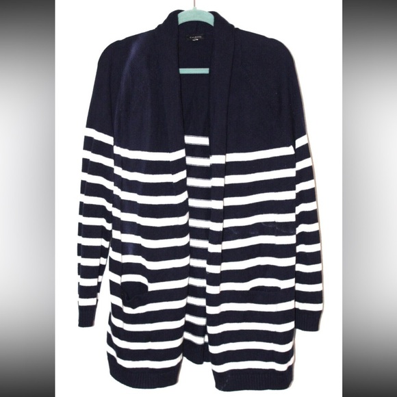 Talbots Navy Blue & White Striped Open-Front Cardigan Sweater Women's Sz Small P - Picture 2 of 9